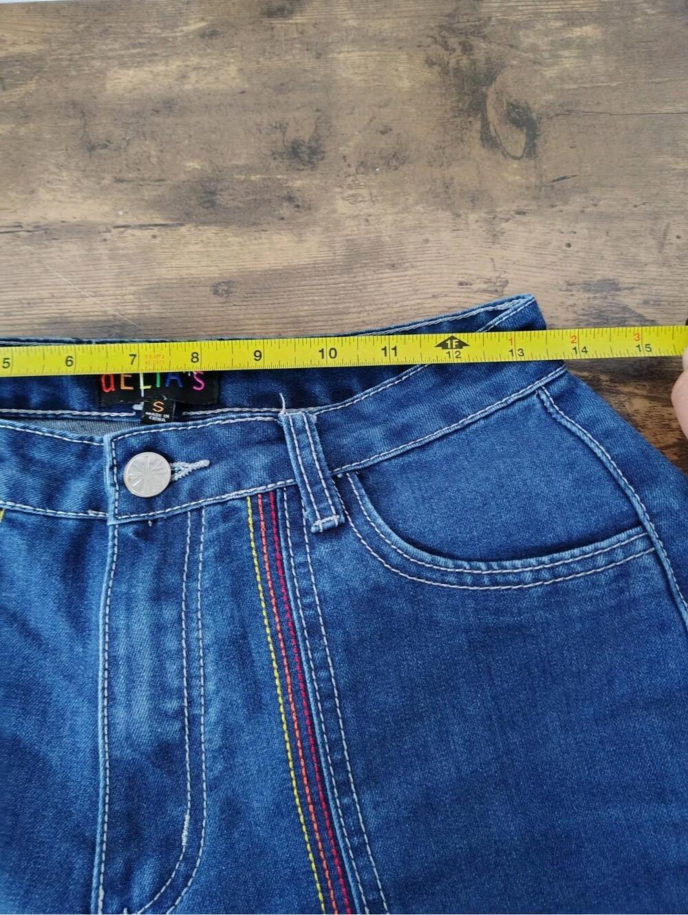 Delia's Rainbow Thread Wide Leg Jeans Small Dolls Kill Dark Wash Hippie Peasant - Picture 3 of 8